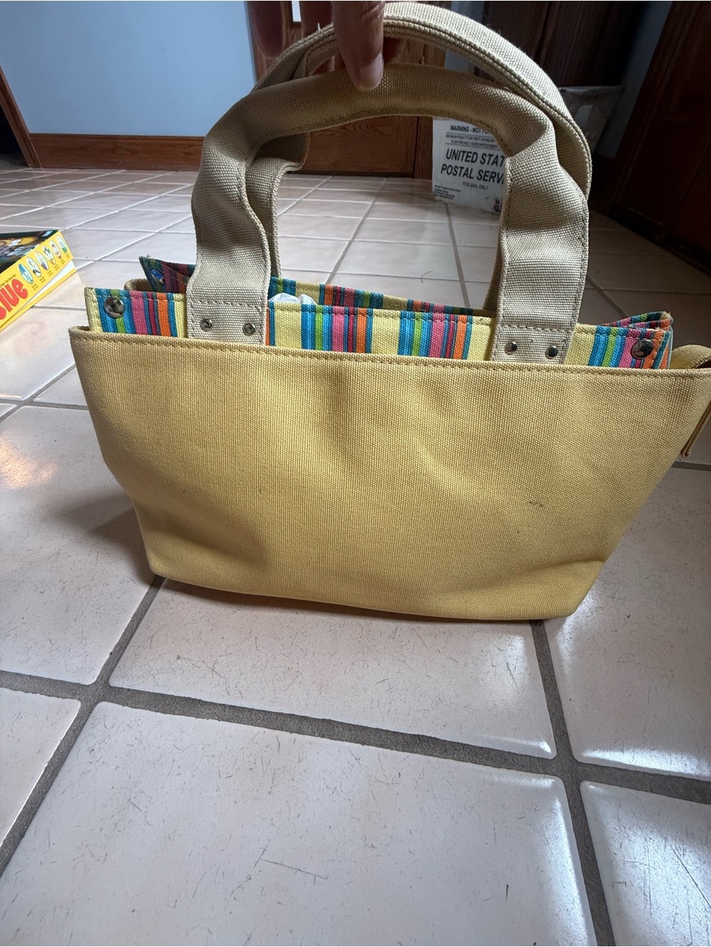 Yellow Canvas Tote with Multicolor Stripe Interior